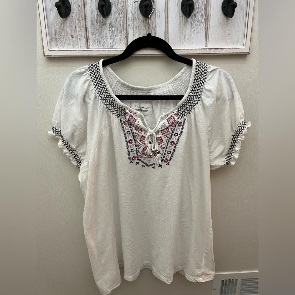 Charter Club White Embroidered Cotton Short Sleeve Top, Size XL